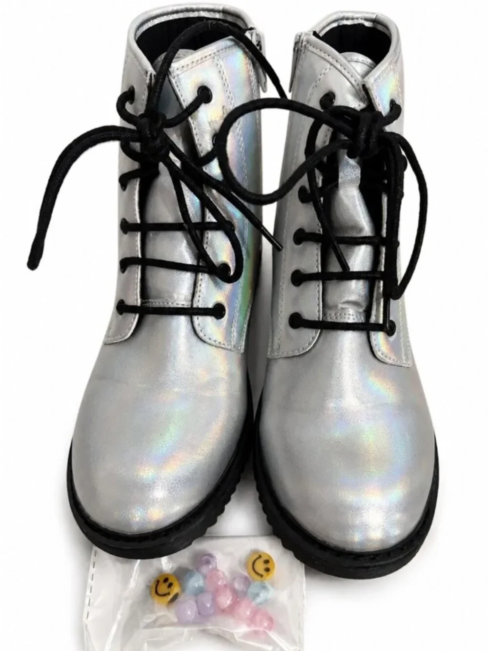 The Children's Place Girls Metallic Silver Combat Boots Lace Up Big Kid Size 6